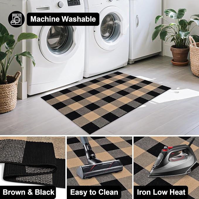 Buffalo Plaid Rug 2.3x3.6 Brown and Black Checkered Rug Grid Indoor Outdoor Doormat Porch Layering Carpet Cotton Woven Washable Area Mat for Patio Entryway Farmhouse Decor