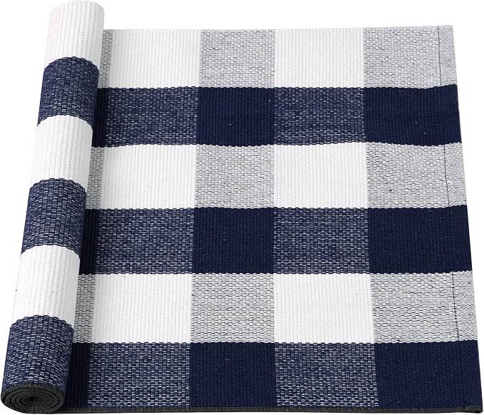 uxcell Buffalo Check Rug,Plaid Outdoor Rug,Layered Door Mat,Cotton Gingham Rugs,Floor Mat for Front Porch/Runner/Bedroom/Kitchen/Farmhouse 51"x24" Navy & White