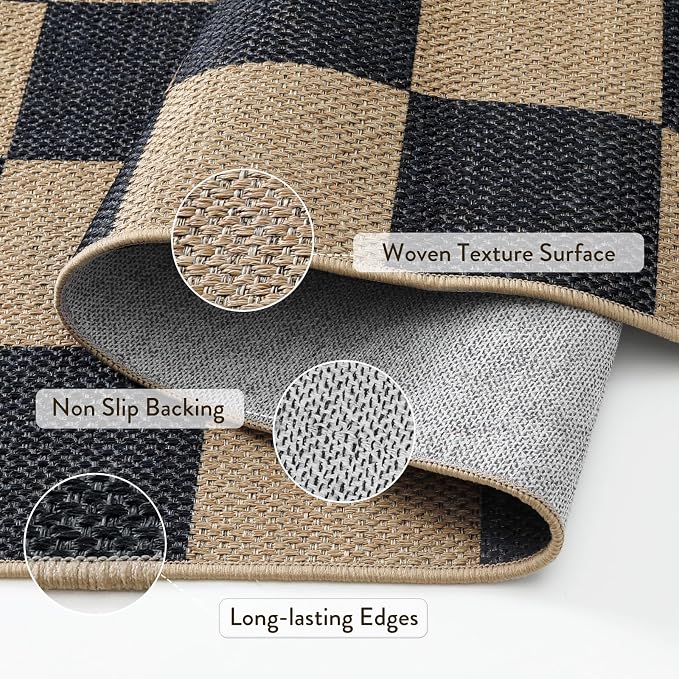 Lahome Checkered Easy Jute Entryway Rug, 3ft Round Washable Rugs Black | Farmhouse Natural Diamond Outdoor Carpet, Non Slip Non Shedding Mat for Indoor Front Door Entrance Kitchen Patio Porch Foyer