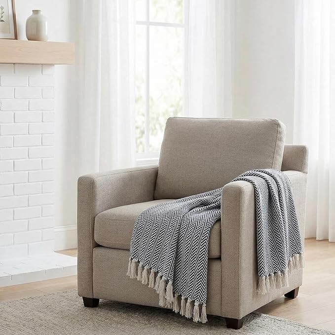 Americanflat 50x60 Throw Blanket - Soft and Breathable Cotton Throw Blanket for Couch, Bed, Chair - Decorative Blankets Perfect for Home or Outdoor Use - Navy Blue and White Herringbone Design