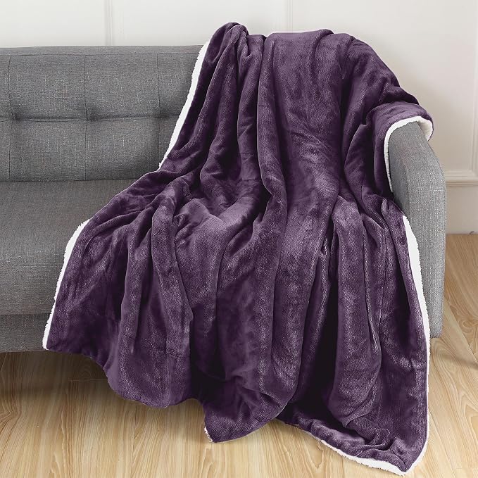 Elegant Comfort Luxury Ultra-Plush Velvet Touch Fleece Throw Soft, Warm, Cozy| Micromink Sherpa-Backing Reversible Blanket for Bed, Sofa and Couch, Solid Purple