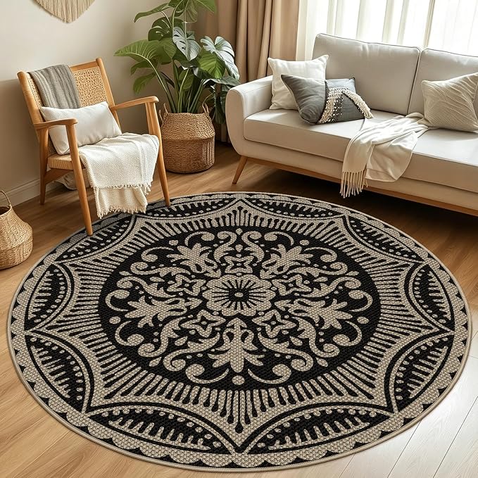 Capslpad Round Faux Jute Rug 6ft Washable Non Slip Area Rugs for Living Room Boho Circle Patio Carpet Low Pile Floral Indoor Outdoor Rug for Backyard Bedroom Kitchen Entryway,Black&Nature