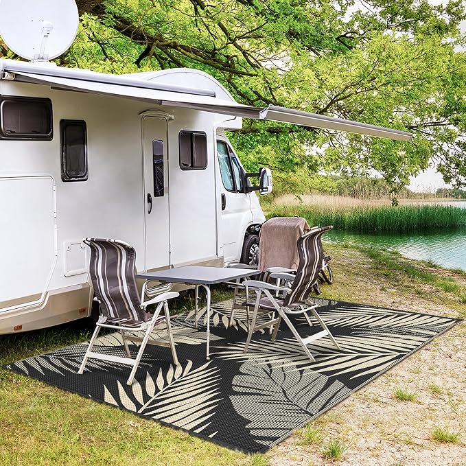 GENIMO Outdoor Rug, Waterproof Plastic Rugs for Patio, 8'x10' Black Beige | Outside Larger Leaf Carpet Mat for Porch Decor, Deck, Balcony, Camping, RV, Backyard, Picnic, Beach, Reversible, Foldable