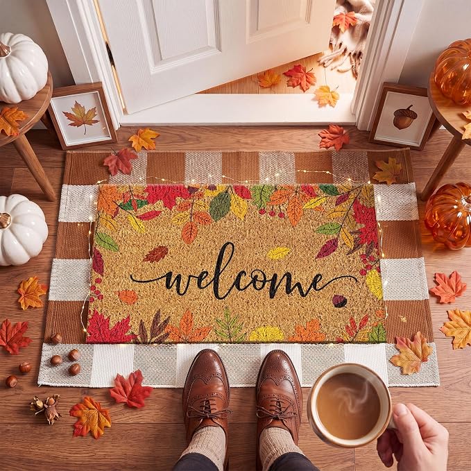 Moucuny 2 Pcs Fall Doormat Outdoor Maple Leaf Coir Welcome Mat 16'' x 28'', Layered Brown White Plaid Rug 24'' x 35'' for Fall Autumn Front Porch Entryway Entrance Decor