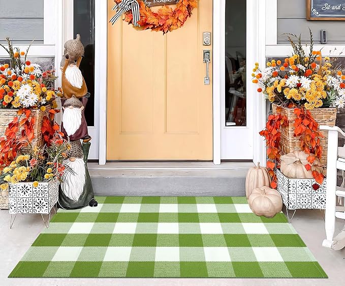 Buffalo Plaid Outdoor Rug 27.5''x 43.3''Green and White Checkered Rug Cotton Machine Washable Farmhouse Mat for Outdoor, Kitchen, Farmhouse, Entryway,Bathroom