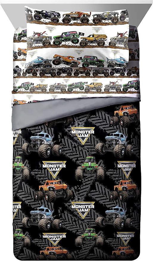 Jay franco Monster Jam Tracks 4 Piece Twin Bed Set - Includes Comforter & Sheet Set - Bedding Features Grave Digger & Megalodon - Super Soft Fade Resistant Microfiber (Official Monster Jam Product) | Grave Digger Megalodon, Comforter Sheets Pillowcase,...
