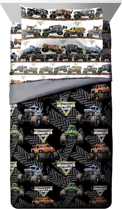 Monster Jam Full Size Comforter Set 5 Piece Kids Bedding for Boys, Black | Grave Digger Megalodon, Comforter Sheets Pillowcases, Official Product, Soft Microfiber, Machine Washable, Boys Gift
