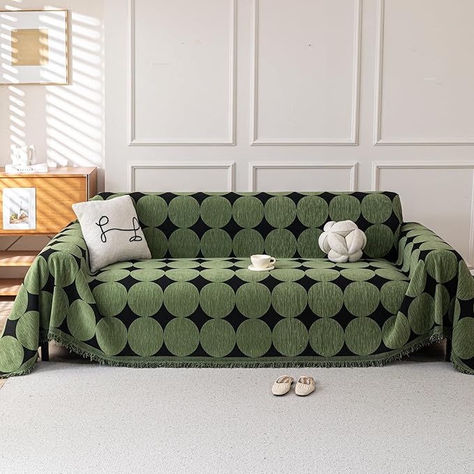 Boho Chenille Couch Cover for Dogs, Non Slip Sofa Cover, Couch Slipcover Covers for 3 Cushion, Furniture Protector with Tassels for Pets Washable, 71"x118", Circle Green