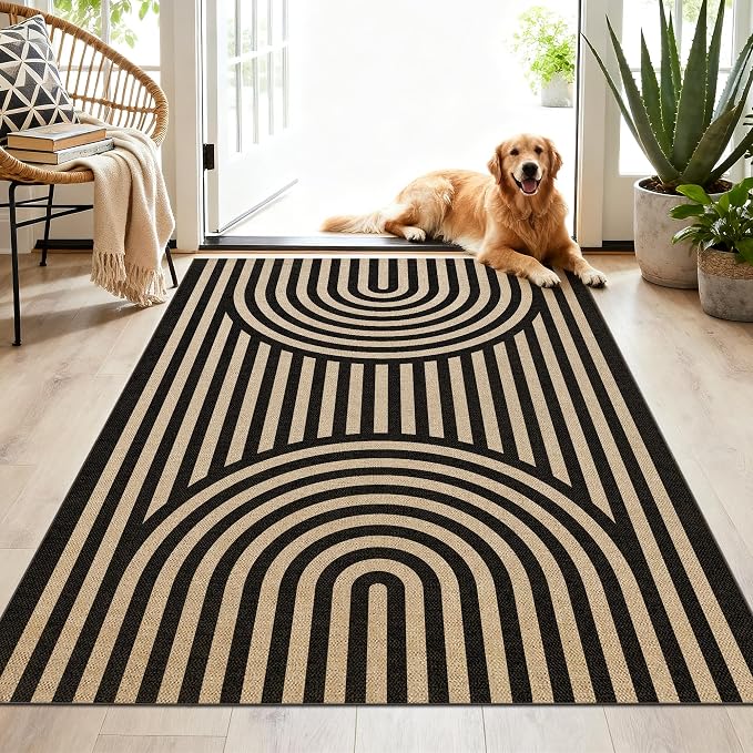 Washable Rainbow Easy Jute Rug 3x5, Black Outdoor Indoor Patio Modern Geometric Neutral Small Rugs, Woven Non Slip Thin Carpet Mat for Living Bedroom Entryway Front Door Farmhouse Doorway Kids