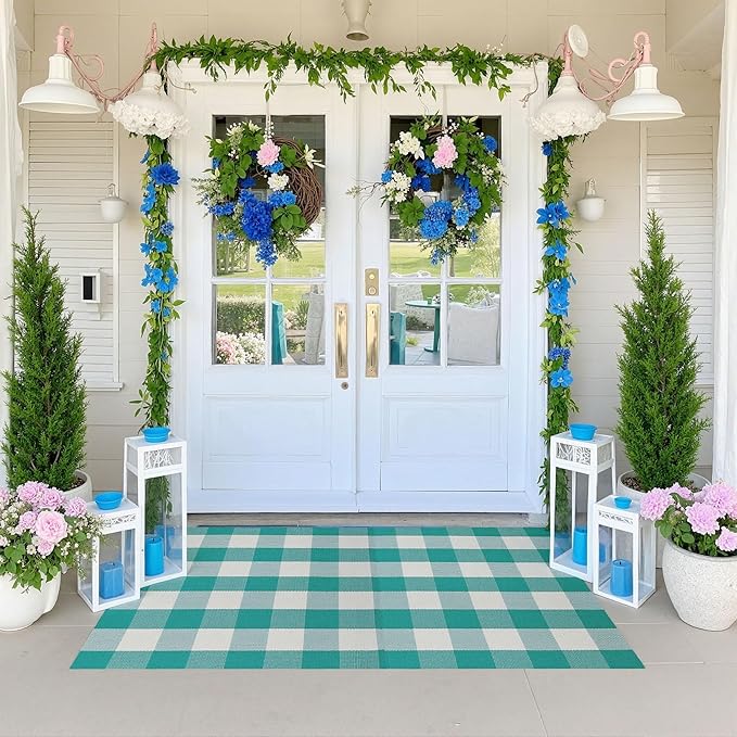 Buffalo Plaid Outdoor Rug 3x5 Ft Teal Green and White Checkered Area Rug Washable Doormats Indoor Outdoor Rugs for Layered Front Door Mats, Porch, Entryway, Kitchen, Farmhouse