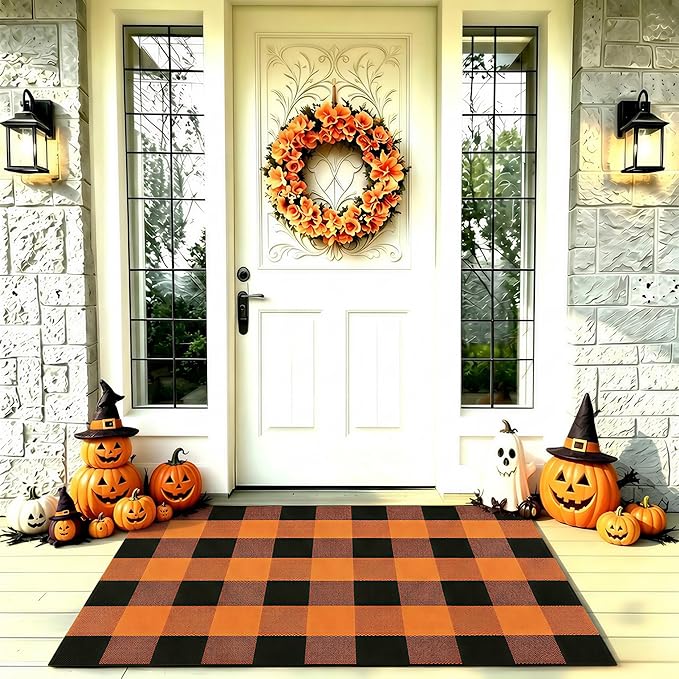 Halloween Orange and Black Buffalo Plaid Rug, 2'4'' x 3'7'' Indoor Outdoor Durable Rug, Spooky Accent Mat for Halloween Indoor Outdoor Decor, Living Room, Porch, Patio, Entryway