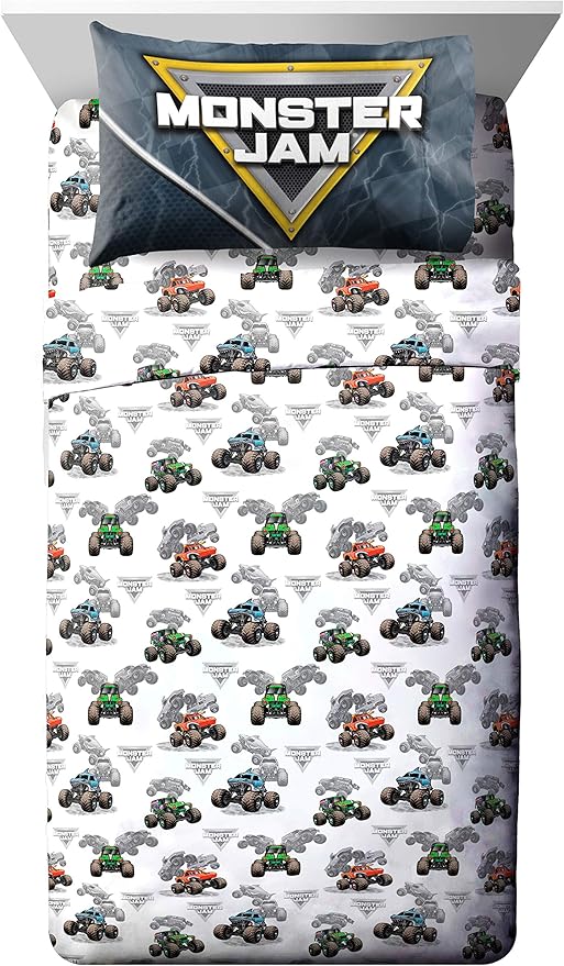 Monster Jam Trucks Full Size Size Comforter Set 7 Piece Kids Bedding, Multi | Grave Digger Megalodon, Bed in a Bag, Comforter Sheets Shams Pillowcases, Soft Microfiber, Machine Washable, Boys Gift