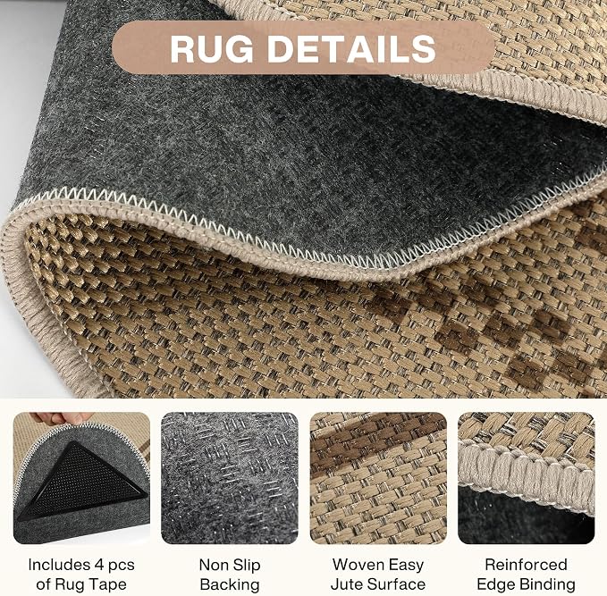 Tribesigns Scalloped Easy Jute 3x5 Washable Outdoor Patio Rug, Tan/Checkered Non-Slip Kitchen Area Rugs for Entryway Door, Geometric Indoor Carpet for Living Bedroom Office