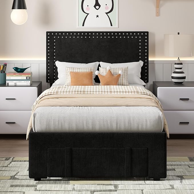 VECELO Twin Size Upholstered Bed Frame with Storage Drawer, Adjustable Velvet Rivet Decor Headboard, Wooden Slats Platform Support, No Box Spring Needed, Easy Assembly,Black