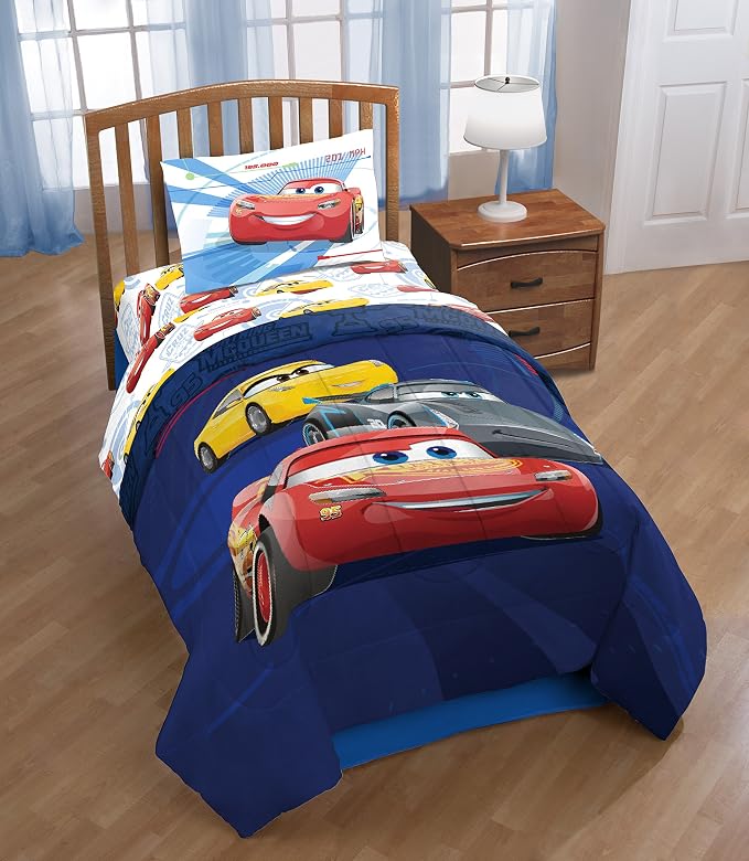 Jay Franco Kids Sheet Cartoon Set with Fitted, Flat Sheets & Pillow Cover - Ultra-Soft Bedding with Pillowcase for Room Decor, White - Cars, 3 Piece Twin
