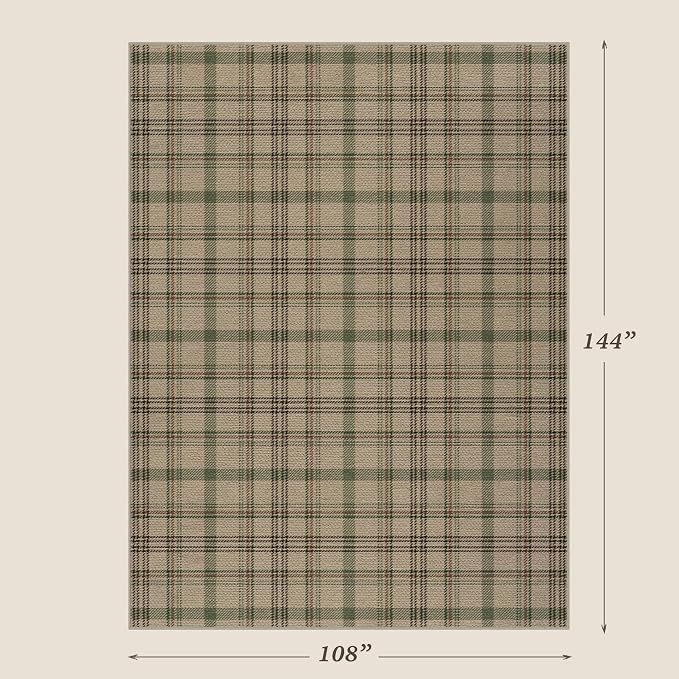 Washable Easy Jute Living Room Rug - Aesthetic Bedroom Rug Under Bed, Outdoor Rug 9x12 for Patio, Large Farmhouse Indoor Outdoor Carpet, Contemporary Non Slip Sage Plaid Decor for Dining Room
