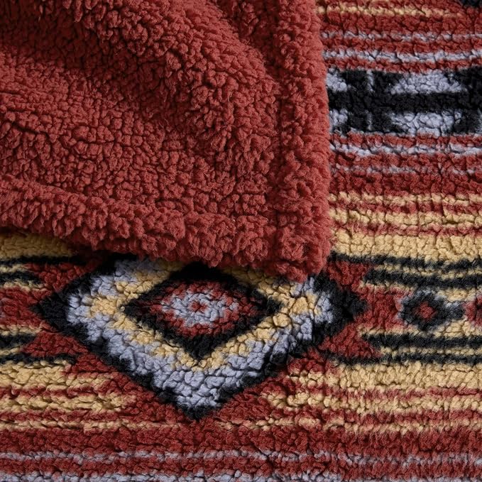 Wrangler - Reversible Throw Blanket, 50 x 60, Printed Sherpa Fleece Blanket for Bed & Couch, Cozy Decorative Throw, Anguston Red