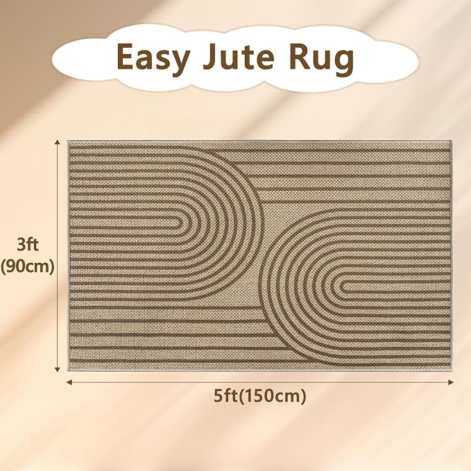 Faux Jute Rugs for Entryway, 3' x 5' Indoor Outdoor Rug, Brown Farmhouse Washable Ultra-Thin Non-Slip Area Rug for Foyer, Backdoor, Living Room, Kitchen, Bedroom, Balcony