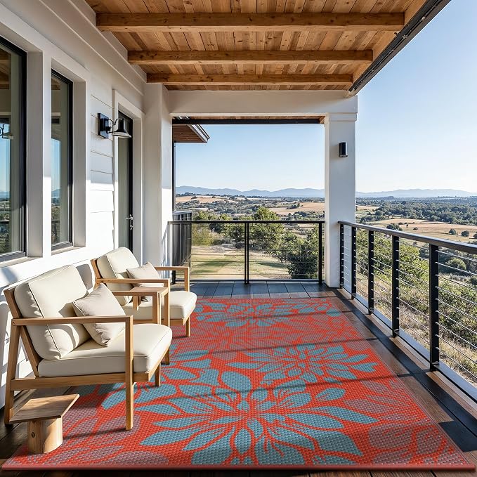 GENIMO Outdoor Rug, Waterproof Plastic Rugs for Patio, 6'x9' Red Blue | Outside Larger Leaf Carpet Mat for Porch Decor, Deck, Balcony, Camping, RV, Backyard, Picnic, Beach, Reversible, Foldable