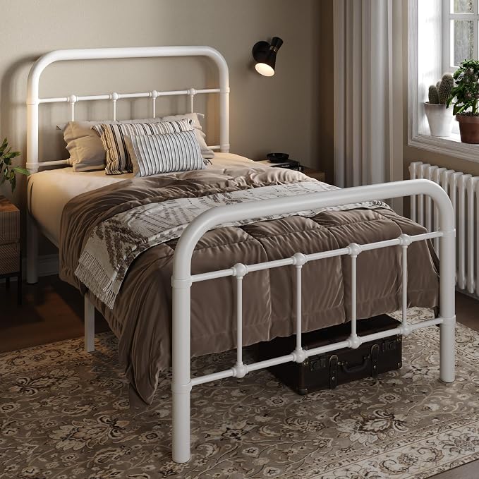 Allewie Twin Metal Bed Frame with Victorian Iron-Art Headboard, White | Victorian Style Wrought Iron-Art Headboard/Footboard, Easy Assembly, Under Bed Storage, No Box Spring Required
