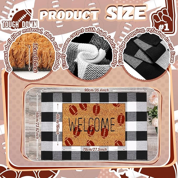 Moucuny 2 Pcs Football Coir Welcome Doormat Outdoor 16'' x 28' Football Coir Mats Layered 24'' x 35'' Black and White Plaid Rug for Front Door Porch Outdoor Entryway Decor