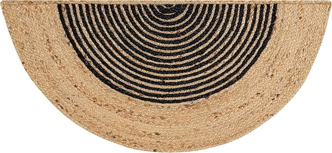 Boho Braided 1.5x3 Area Rug - Jute Natural Fiber Half Round Rug for Living Room Entryway, Farmhouse, Home, Indoor Rugs Jute Door mat for Bathroom, Kitchen (Black, Natural 1.5 X 3 ft)