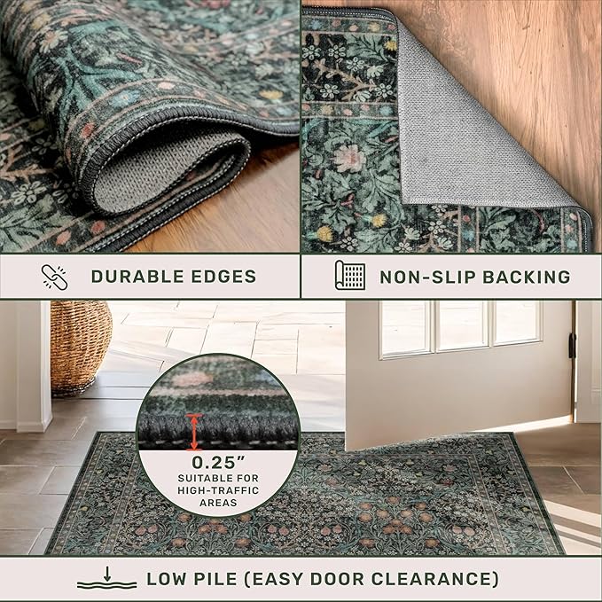 Dark Green Washable 3x16 Extra Long Runner Rug for Hallway Non Slip, Large Kitchen Indoor Floor Rugs for Entryway Hall Way, Soft Stain Resistant Low Pile Vintage Floral Carpet