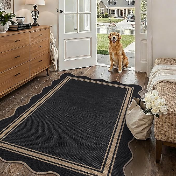 Scalloped Easy Jute 3x5 Outdoor Rug Washable Non Slip Rug for Entryway Indoor Outdoor Farmhouse Neutral Scalloped Carpet for Backyard Patio Proch Living Room