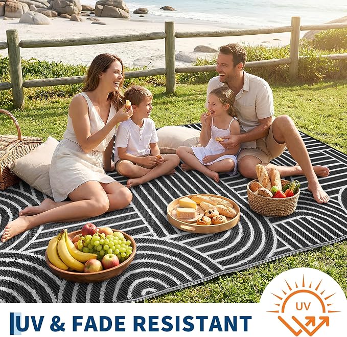 Garvee Reversible Rainbow Outdoor Rug 8x10, Waterproof Outdoor Plastic Straw Rug, RV Mat for Picnics, Patio, Camping, Balcony, Deck, Backyard, Porch, Black