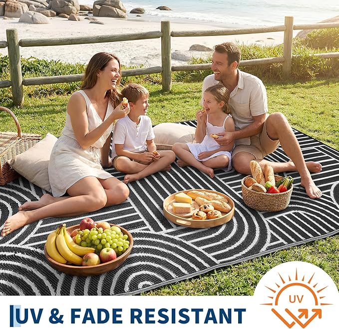 Garvee Reversible Rainbow Outdoor Rug 6x9, Waterproof Outdoor Plastic Straw Rug, RV Mat for Picnics, Patio, Camping, Balcony, Deck, Backyard, Porch, Black