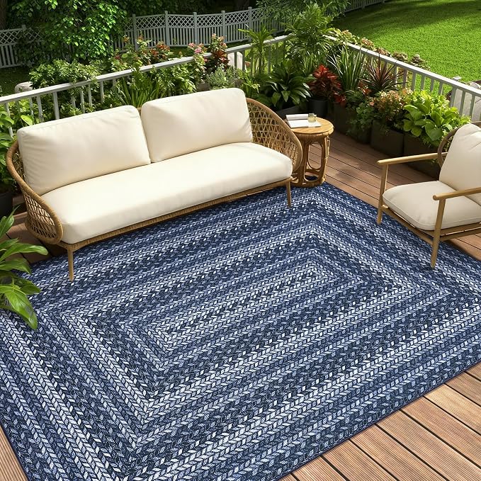 GarveeHome 8x10 Washable Living Room Area Rug Non Slip Braided Rugs | Low Pile Stain Resistant Dining Room Throw Carpet Indoor Outdoor Modern Bordered Area Rugs for Home Decor, Blue