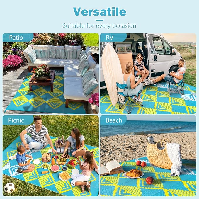 Lahome Waterproof Outdoor Patio Rug 9x12, Reversible Large Outdoor Area Rug for Patios, Camping Rugs for Beach RV Backyard Deck Picnic Trailer (Blue/Yellow, 9' x 12')
