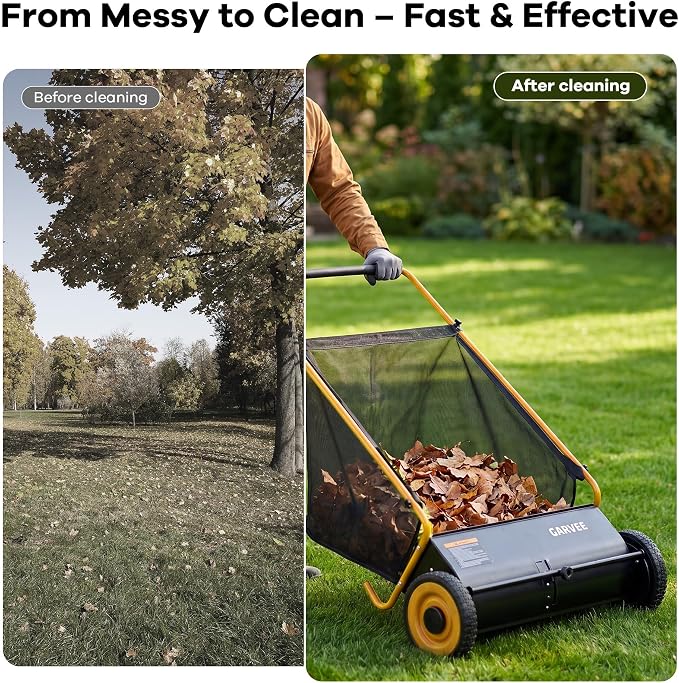 Garvee Push Lawn Sweeper, 26 in Leaf & Grass Collector with 7 cu. ft. Hopper Bag, Heavy Duty Yard Sweeper with Clear Dust Cover & Large Collection Bag for Lawn Yard Cleanup
