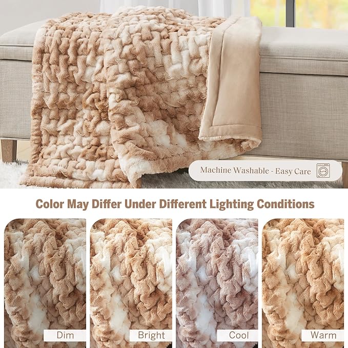 Madison Park Ruched Fur Throw Faux Fur Blanket, 50" x 60", Tan Tie Dye | Luxury, Premium, Soft Cozy Brushed Long Pile, All Season Plush Modern OEKO- TEX Certification Warm For Bed, Couch or Sofa
