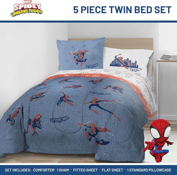 Marvel Spiderman Twin Comforter Set 5 Piece Bedding for Boys, Blue | Bed in a Bag, Comforter Sheets Sham Pillowcase, Official Product, Soft Microfiber, Machine Washable, Easy Care, Boys Gift