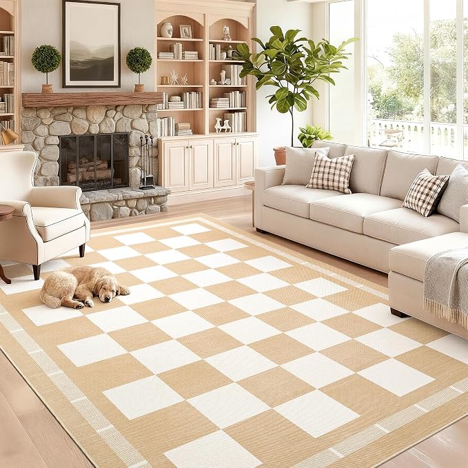 Vasofe Checkered Jute Outdoor Rug, 6x9 ft Rugs for Living Room Dining Room | Large Indoor Outdoor Farmhouse Carpet, Checkerboard Patio Office Mat Geometric Non Slip Carpet for Backyard, Khaki and White