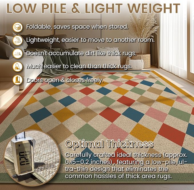 Washable Checkered Easy Jute Rug 8x10, Colorful Checkerboard Geometric Modern Outdoor Indoor Patio Large Rug, Woven Thin Carpet Mat for Living Room Bedroom Classroom Nursery Play Room Backyard