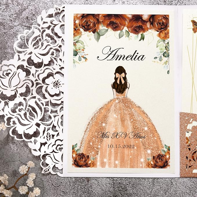 DORIS HOME 50Pcs Personalized Laser Cut Quinceanera Invitations, Terracotta | 4.7"x7.1", Customized Quince Invitations, For 15th Birthday, Sweet 16, With Envelopes