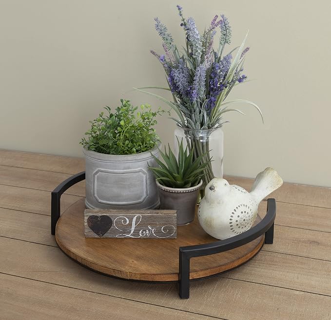 Kate and Laurel Ficher Round Wood Tray, 15" Diameter, Rustic Brown, Shabby-Chic Farmhouse Centerpieces for Table or Ottoman