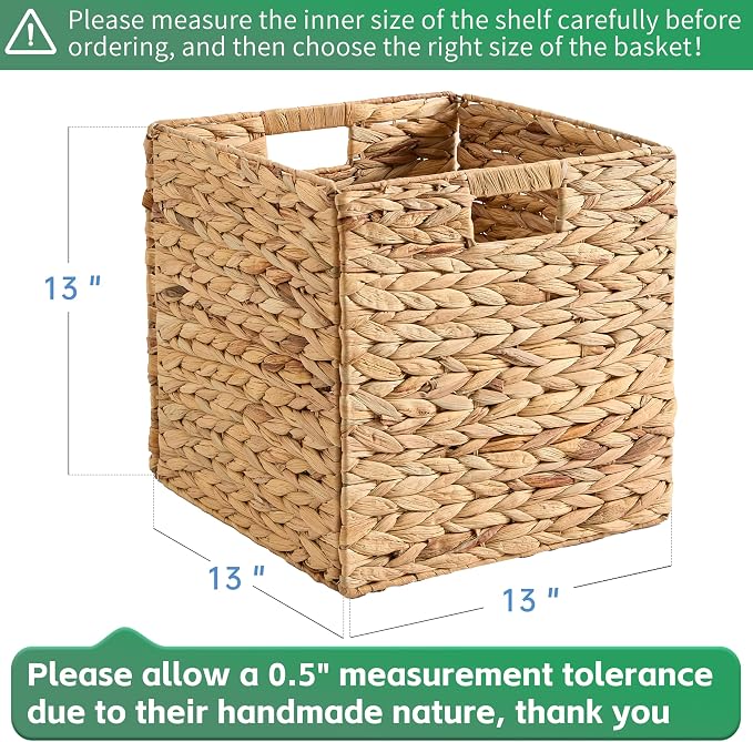 13x13x13 Wicker Storage Basket Set of 4, Water Hyacinth Woven Basket with Handles, Wicker Cube Storage Bins for Shelves, Foldable Square Storage Cubes for Living Room Bedroom Organizing, Natural