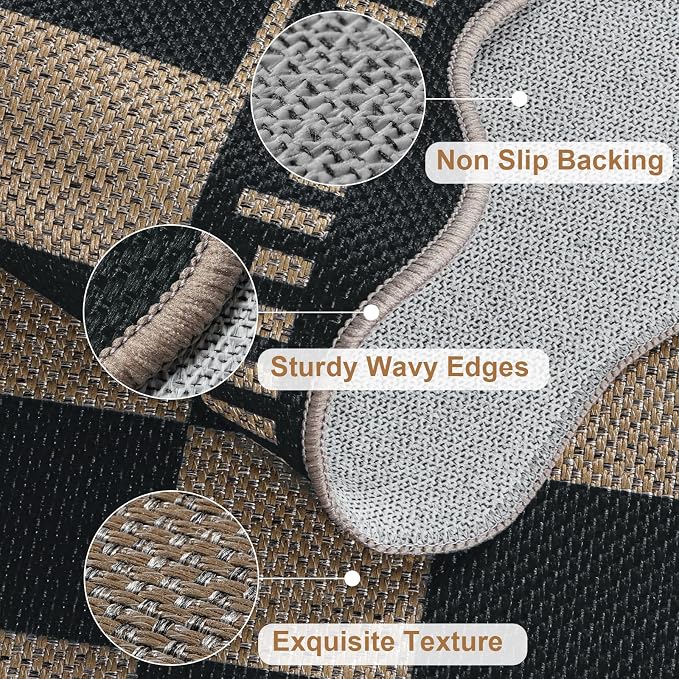 Checkered Easy Jute Front Door Mat, 2.6x4 Washable Entryway Rug Non Slip Small Kitchen Rug, Farmhouse Low Pile Floor Scalloped Rugs for Doorway Porch Bathroom