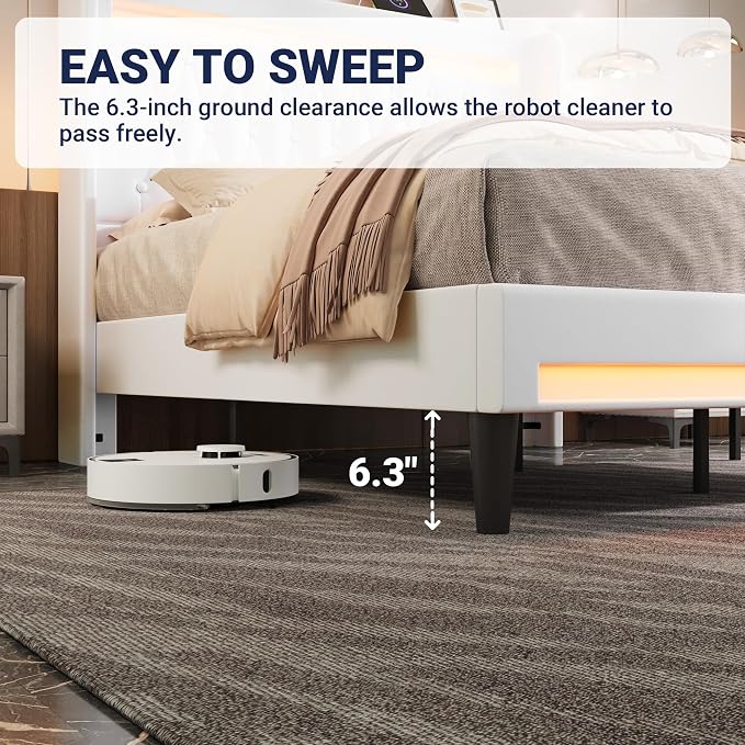 Allewie King Size Upholstered Bed Frame with LED & Charging Station, White | Customizable LED lights, charging station, tufted wingback headboard, noise-reducing support, and no box spring needed.