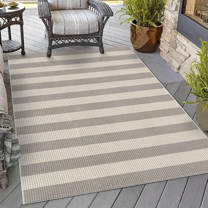 OJIA Outdoor Area Rugs 4'x6' Striped Patio Rug Washable Woven Camping Rug | Cotton Indoor Outdoor Rug Living Room Rug Checkered Rug Floor Carpet for Living Room/Dining Room/Deck/Backyard Gray/White
