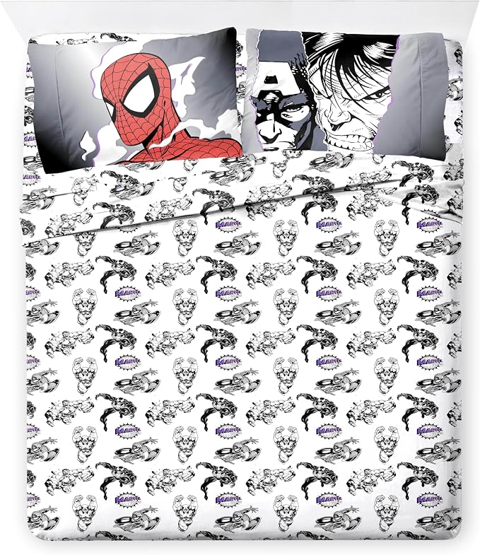 Marvel Comics Spiderman Queen Comforter Set 7 Piece Soft Bedding, Black | Venom, Bed in a Bag, Comforter Sheets Shams Pillowcases, Official Product, Soft Microfiber, Machine Washable, Boys Gift