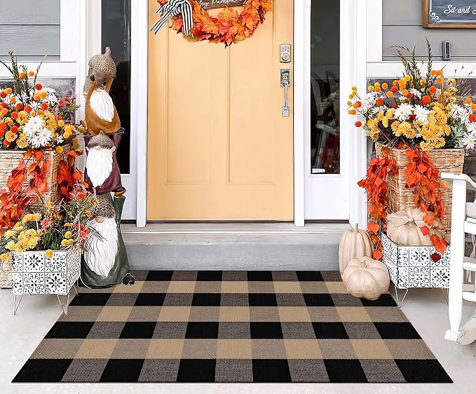 Khaki and Black Outdoor Rug 27.5''x 43.3''Checkered Layered Doormat Cotton Woven Washable Farmhouse Door Mats Outdoor for Front Porch,Entryway,Bedroom,Patio