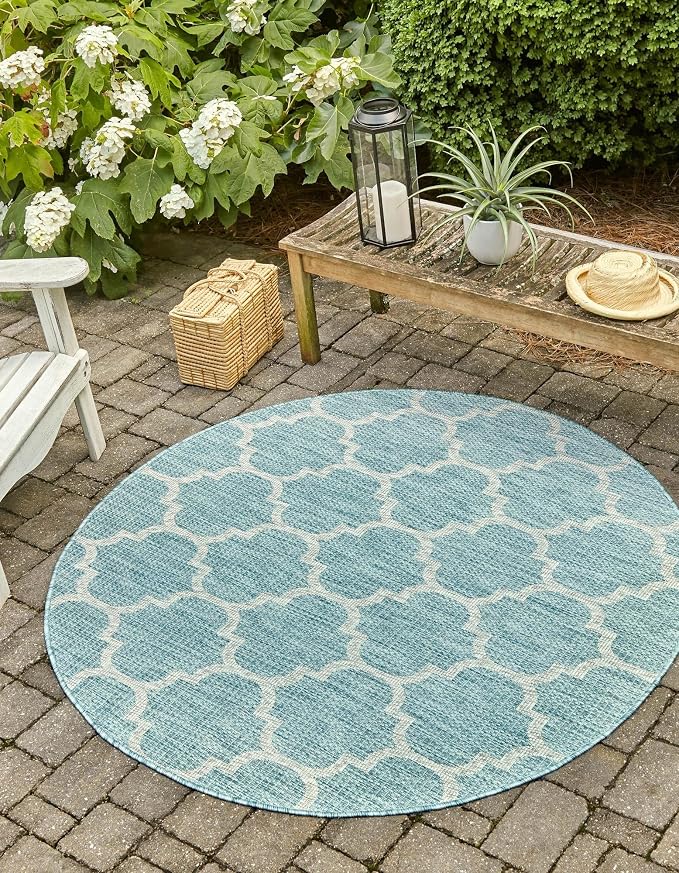Unique Loom Outdoor Trellis Collection Area Rug (5' 1" Round, Aquamarine/ Gray)