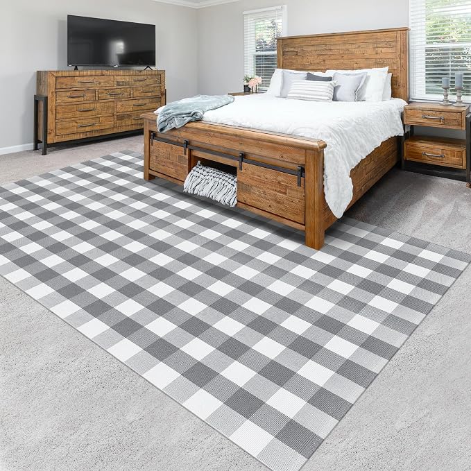 Buffalo Plaid Rug 6x9 Feet Buffalo Check Cotton Grey and White Checkered Rug Woven Washable Indoor Outdoor Area Rug Home Decor Carpet for Living Room Farmhouse Dining Bedroom Patio