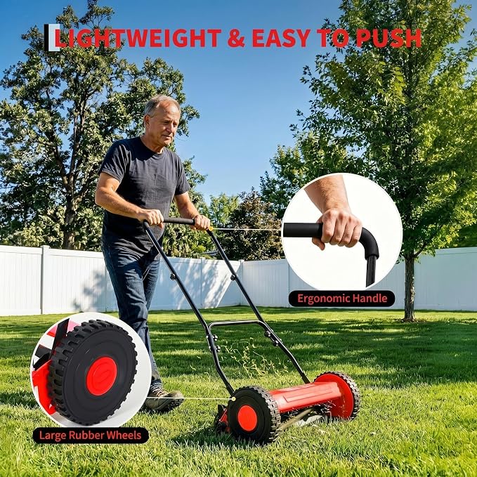 16" Push Lawn Mower, Manual Hand Push Lawn Mower Without Grass Catcher, Lightweight & Portable Walk-Behind Mower for Small Yards, Garden & Patio