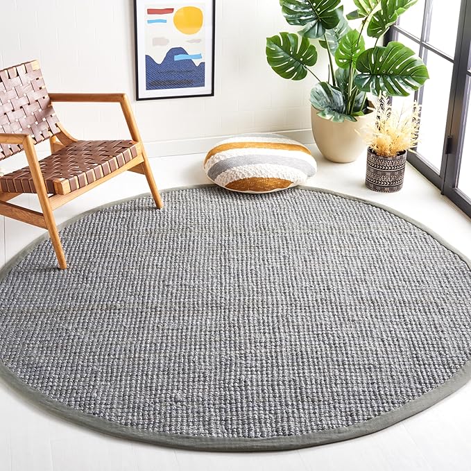SAFAVIEH Area Rug 9' Round - Natural Fiber Collection - Light Grey, Handmade Jute & Coir, Farmhouse Style, Chunky Textured Thick Pile (NF747F)