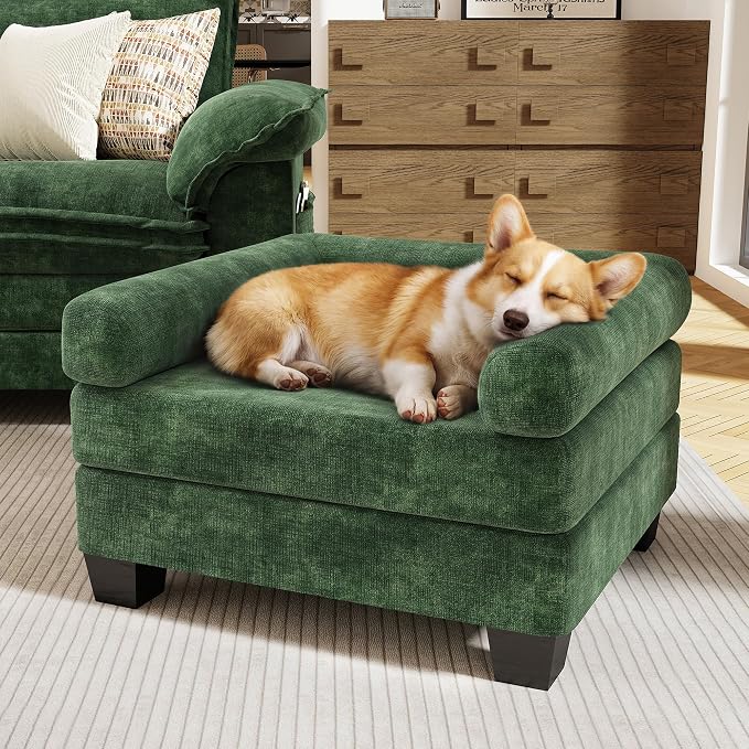 KKL Dog Couch 27.5" Wide, 2-in-1 Removable Base–Elevated 18.8" Dog Sofa Bed for Small & Medium Cats & Dogs, Matching Human Sofa Style, Green